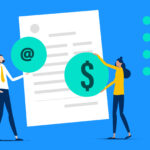 Illustration of two people holding dollar icons looking at an invoice