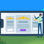 Man pointing at a large smartphone with reviews and five-star ratings on display.