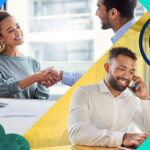 Two businesspeople shaking hands to depict outside sales, a third person on the phone, showing inside sales.