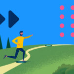 A salesperson runs through a grassy landscape, passing circles on a winding path.