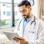 Doctor looking at notes in his office.
