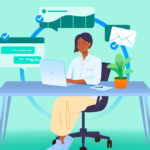 A small business owner using a laptop with an AI assistant displayed on the screen.