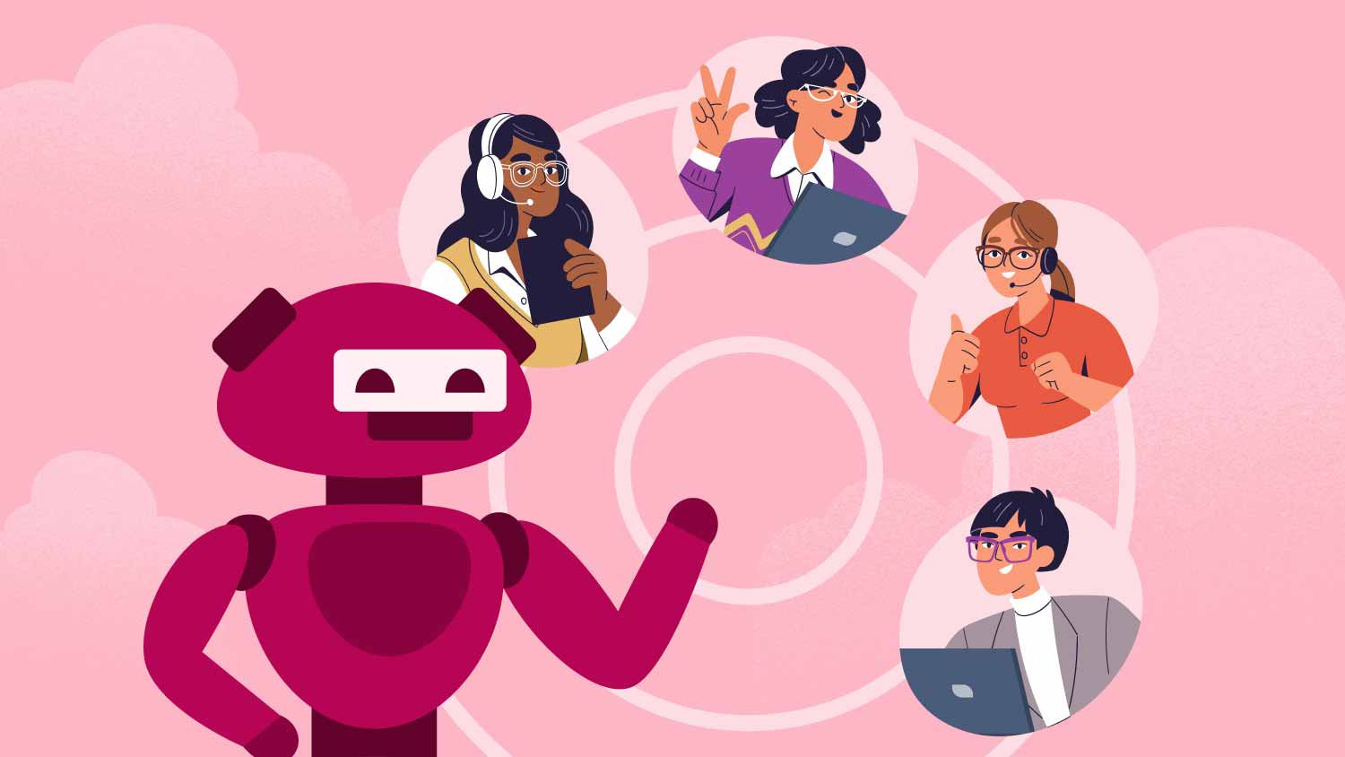 [Illustration] An AI agent with people in bubbles representing different customer service jobs