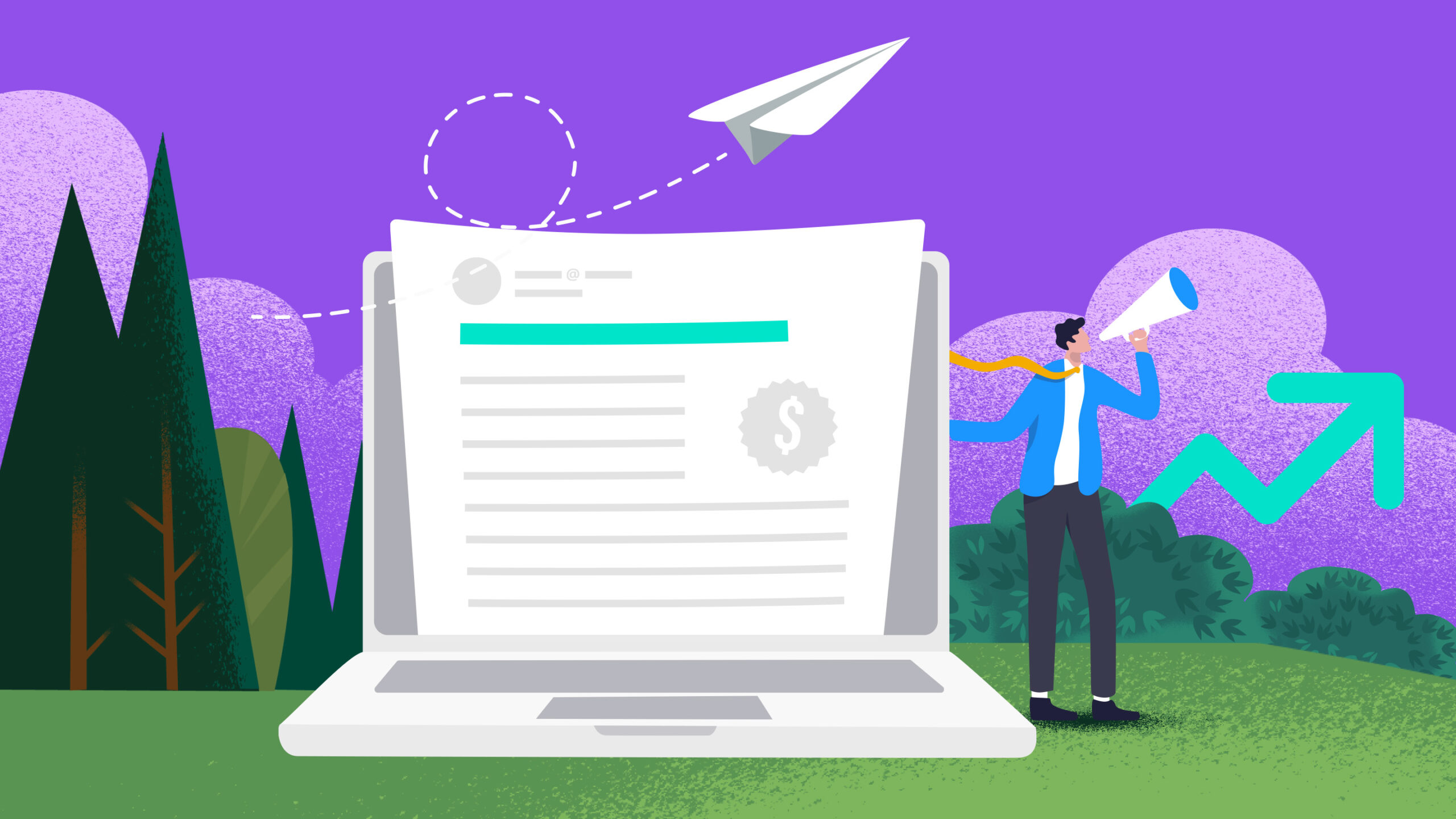 Imagine a cold email template being sent, shown as a document on a laptop screen, with a person confidently announcing its success.