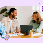 A picture of a wealth management advisor working with a client on a laptop. Agent Einstein in the bottom left is holding a calculator and a FINS icon is in the top right corner.