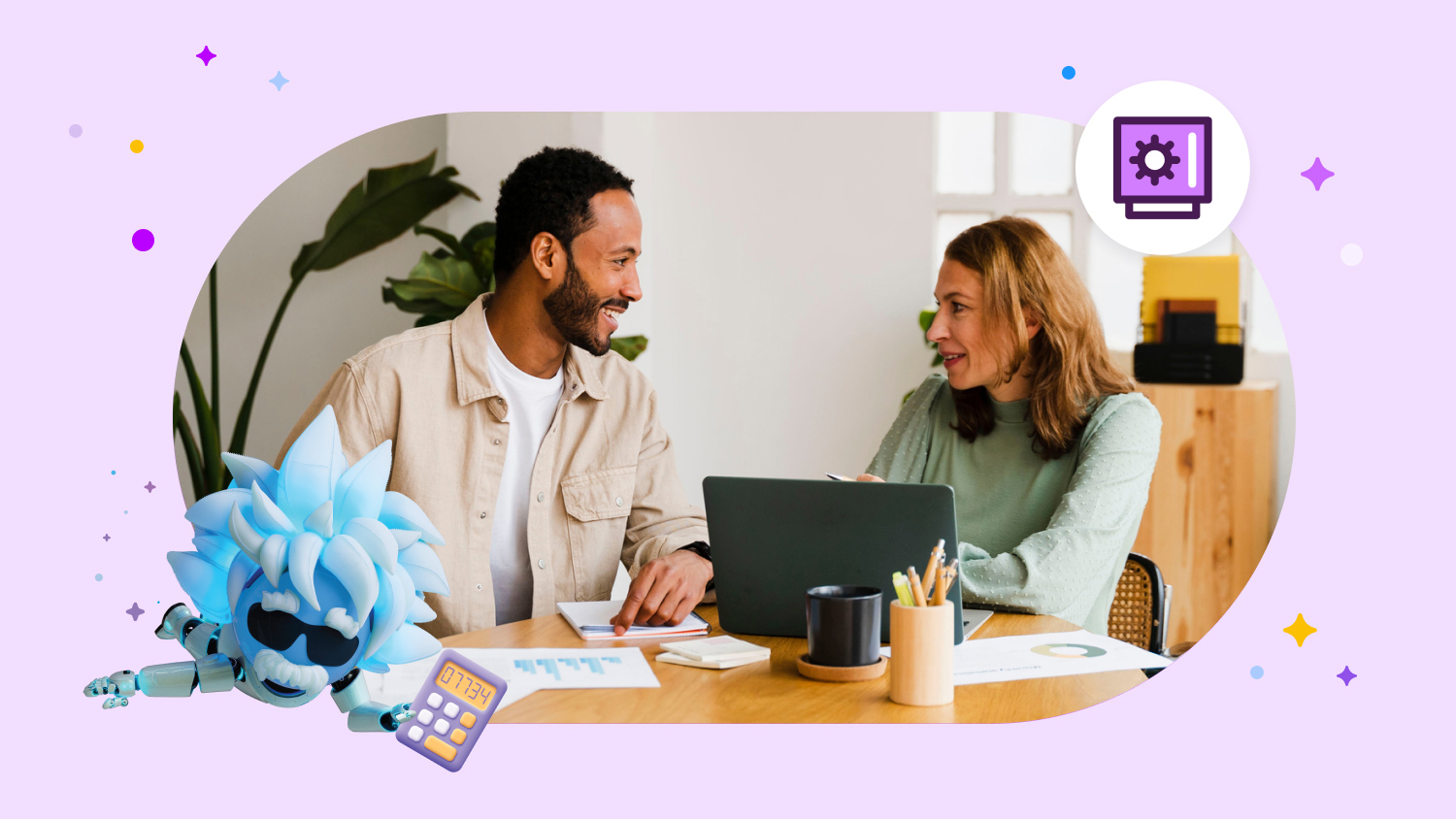 A picture of a wealth management advisor working with a client on a laptop. Agent Einstein in the bottom left is holding a calculator and a FINS icon is in the top right corner.