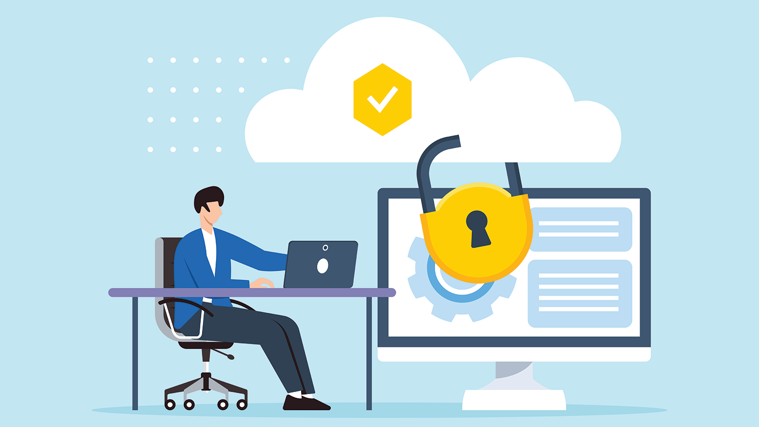 Image shows a man on his computer and a cloud with a lock to protect from a data breach.