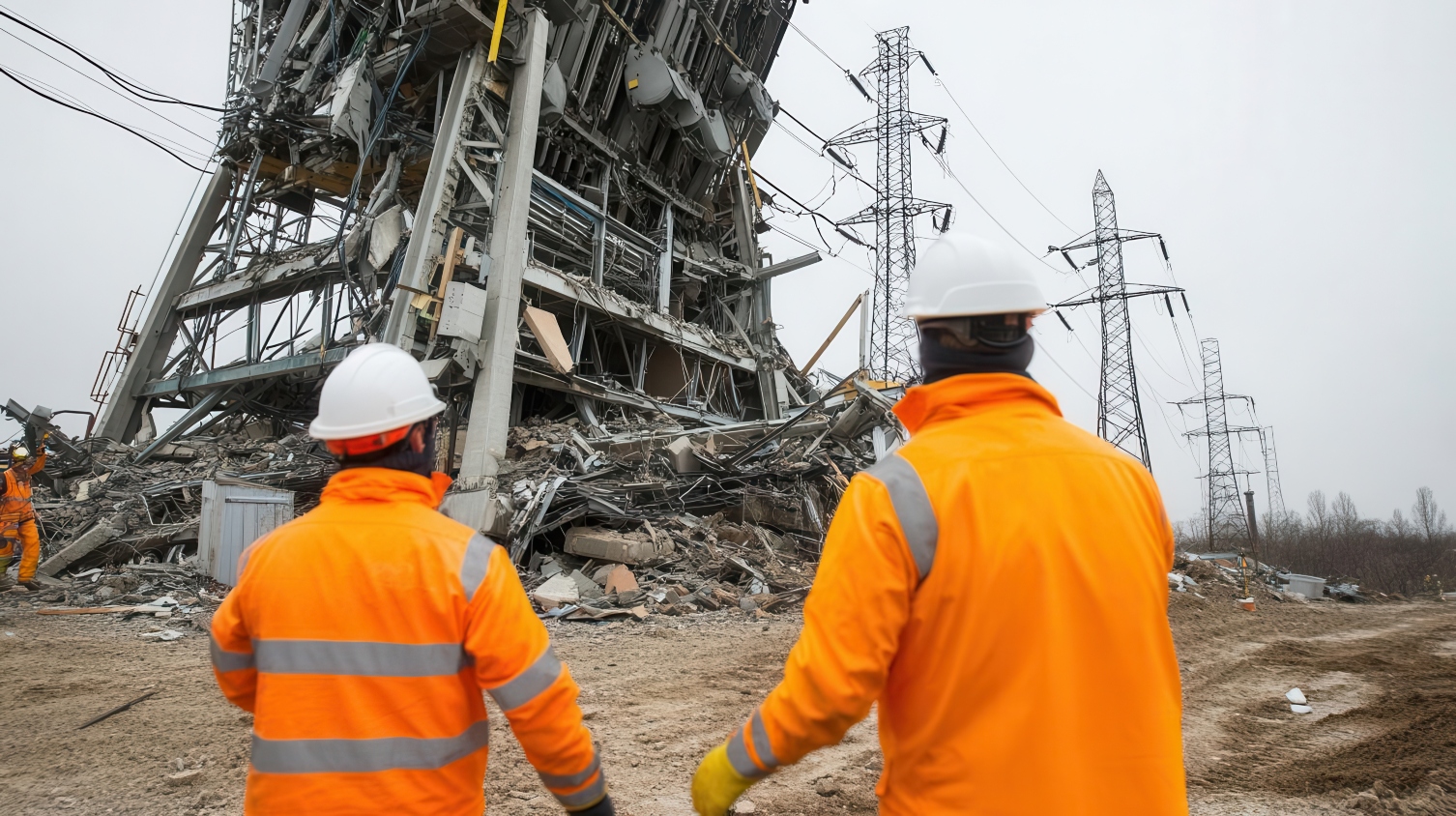 Two utilities workers in orange coats survey damage from an earthquake.