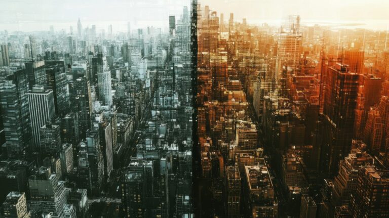 Business city landscape divided to show the bridge of the digital divide.