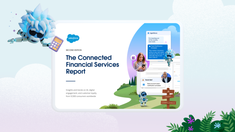 The cover of the Connected Financial Services Report with an Agent Einstein character flying in the upper left corner holding a calculator and foliage in the lower right corner.