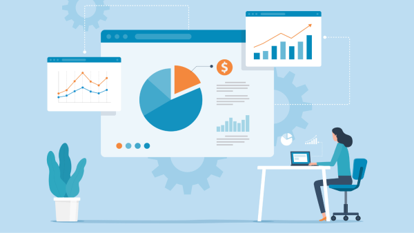 Graphic of a woman sitting at a desk with popups representing data and analytics.