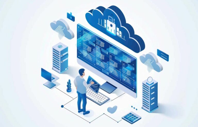 Illustration showcasing a small business owner assessing cloud technology to scale.