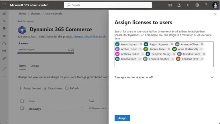 Microsoft 365 Admin Center with Dynamics 365 Commerce license management