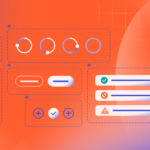 On an orange gradient background are boxes that represent SLDS 2 components one might design in Figma, include buttons, checkboxes, and toggles.