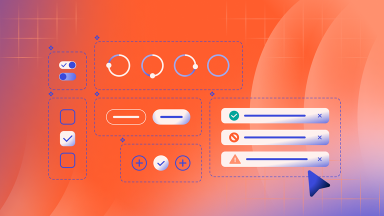On an orange gradient background are boxes that represent SLDS 2 components one might design in Figma, include buttons, checkboxes, and toggles.