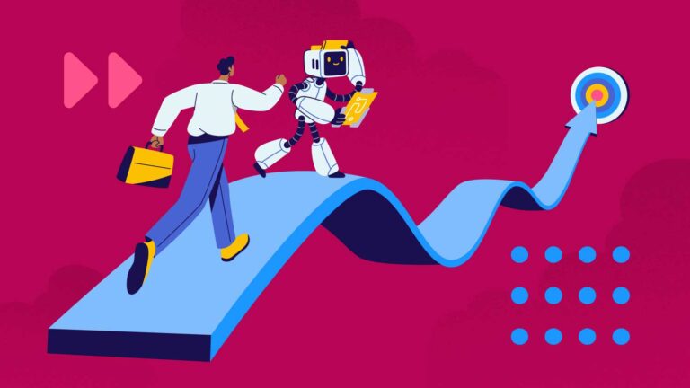 Man and robot walking toward a bulls eye