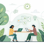 A graphic of marketers working with environmental elements behind them.