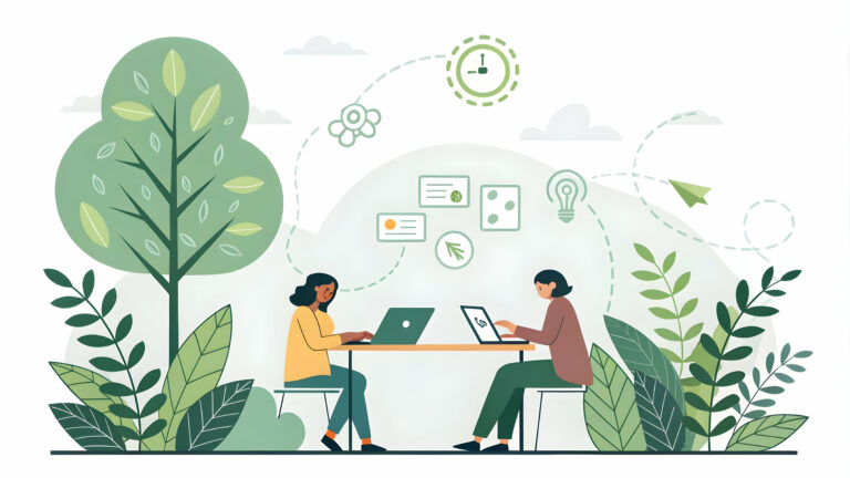 A graphic of marketers working with environmental elements behind them.