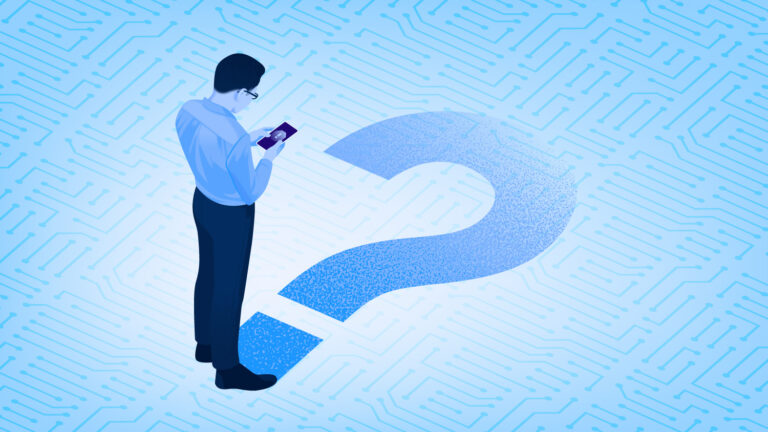 Man holding cell phone in front of a question mark: AI agent