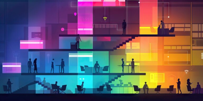 Illustration of teams on stairs silhouetted with rainbow colors.