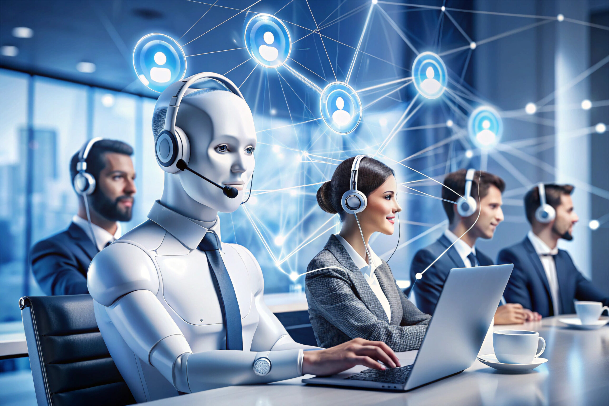 A robot in shirt and tie sits next to human workers.