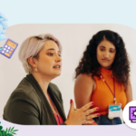 Two women on a speaking panel in business casual attire with a decorative border featuring Agent Einstein holding a calculator in the top left-hand corner and a small Financial Services icon in the bottom right-hand corner