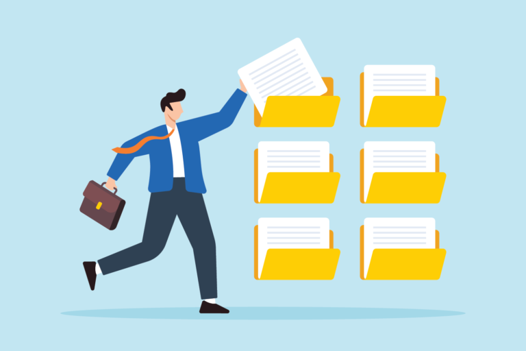 Image shows an illustration of a man adding a document to a file folder.