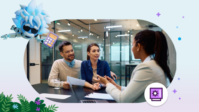 Banking advisor helping a couple with financial services personalization during economic events at a desk in a conference room framed by a flying Agent Einstein character in the top left hand corner and a purple Financial Services icon in the bottom right hand corner.
