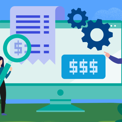 illustration of people standing in front of a computer screen showing $$$ and receipts to represent pricing models.