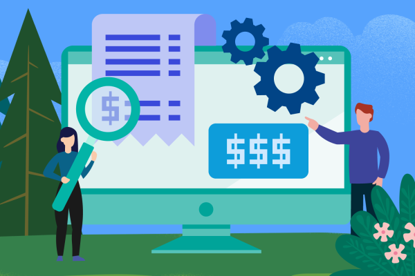 illustration of people standing in front of a computer screen showing $$$ and receipts to represent pricing models.