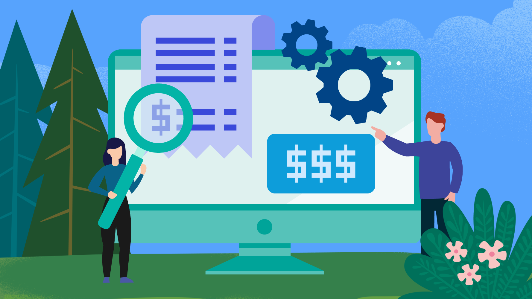 illustration of people standing in front of a computer screen showing $$$ and receipts to represent pricing models.