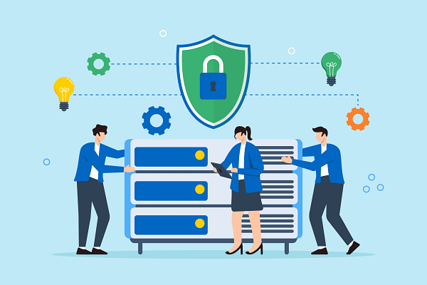 An illustration of a team of three people managing a secure data server.