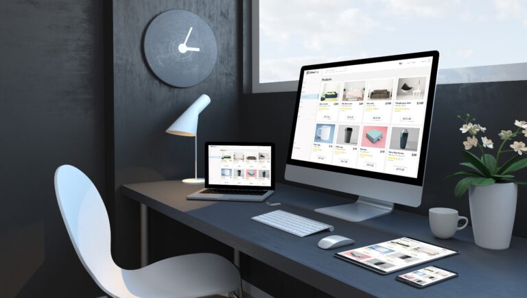 Navy blue workspace with responsive devices 3d rendering online shop website
