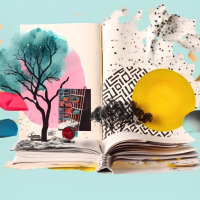 An art style collage of books for small business owners