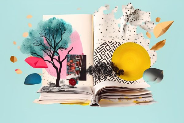 An art style collage of books for small business owners