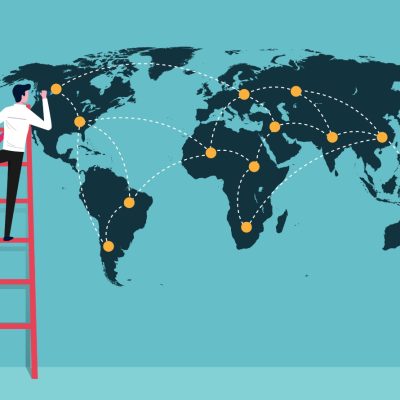 Illustration showing a business owners on a ladder marketing penetration to the globe.
