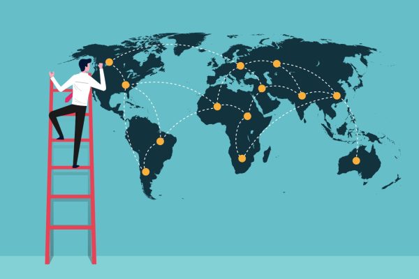 Illustration showing a business owners on a ladder marketing penetration to the globe.