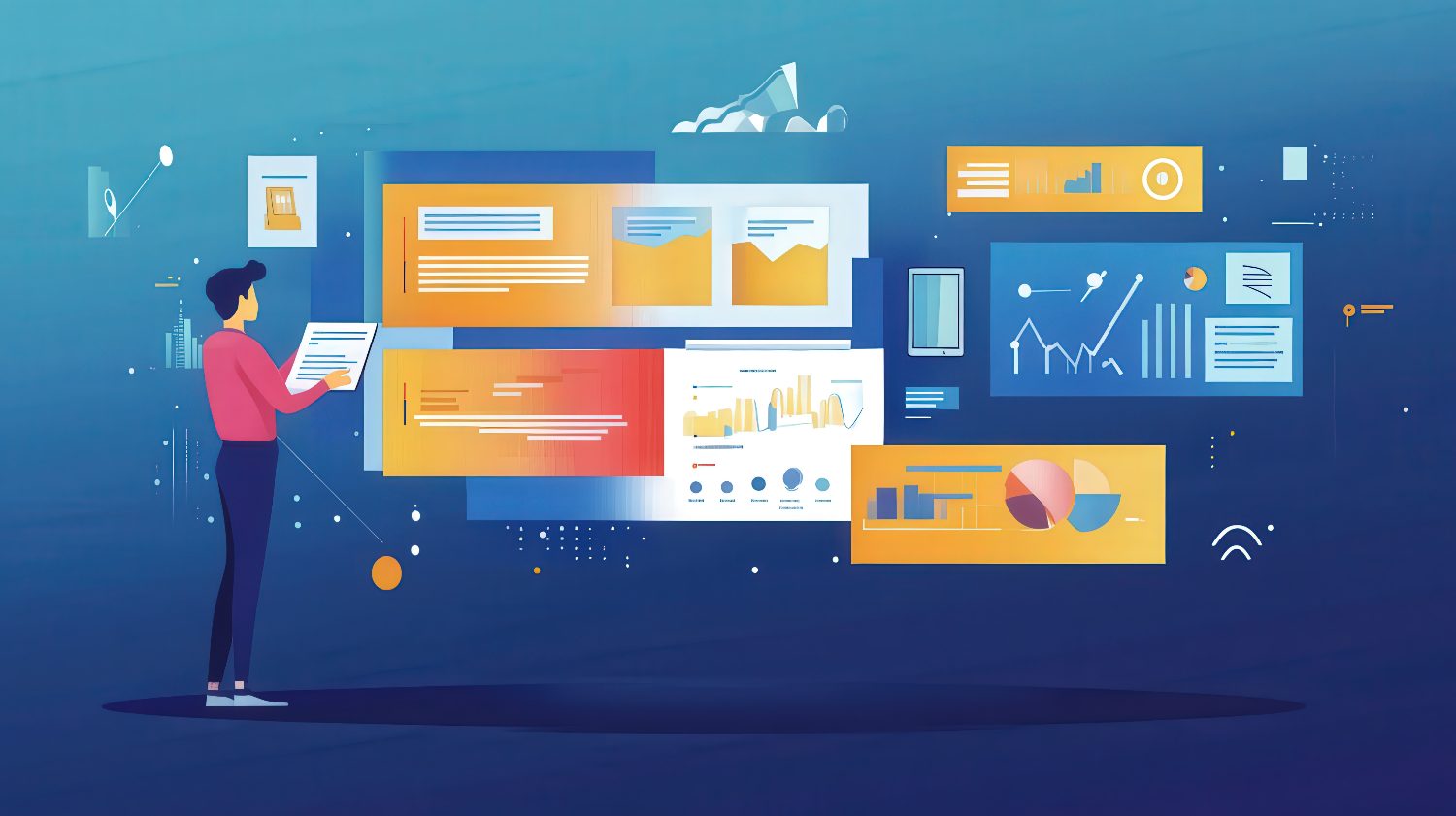 Illustration showing a startup owner choosing AI models on screens.