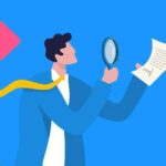 A person in a blue suit and yellow tie uses a magnifying glass to examine a document, illustrating the process of product led sales.