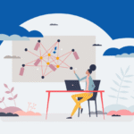 Illustration of a woman at a desk, with a depiction of connected bits of information in a node-link diagram in the background.