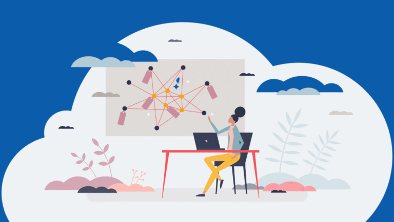 Illustration of a woman at a desk, with a depiction of connected bits of information in a node-link diagram in the background.