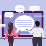 An illustration showing people talking around a laptop: slack communities for marketers