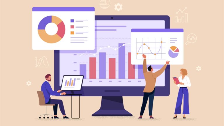 An illustration showing peole in front of a monitor with charts and figures.