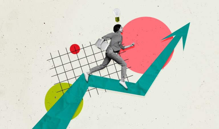 A woman walking up an arrow signifying sales strategies for Startups.