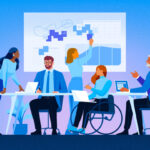 5 people around a table in front of a graph