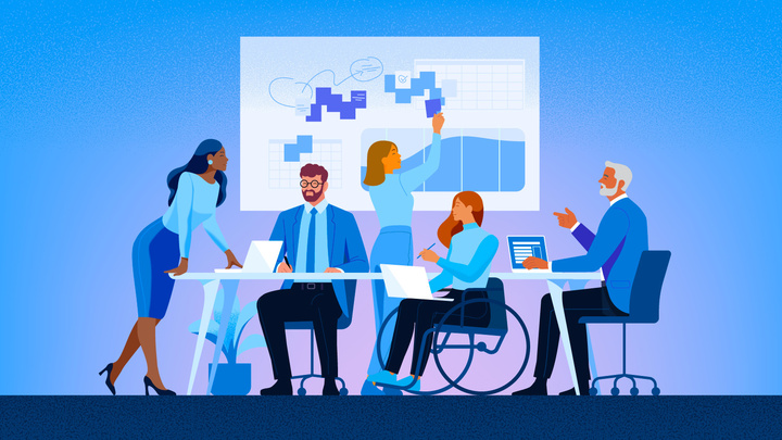 5 people around a table in front of a graph