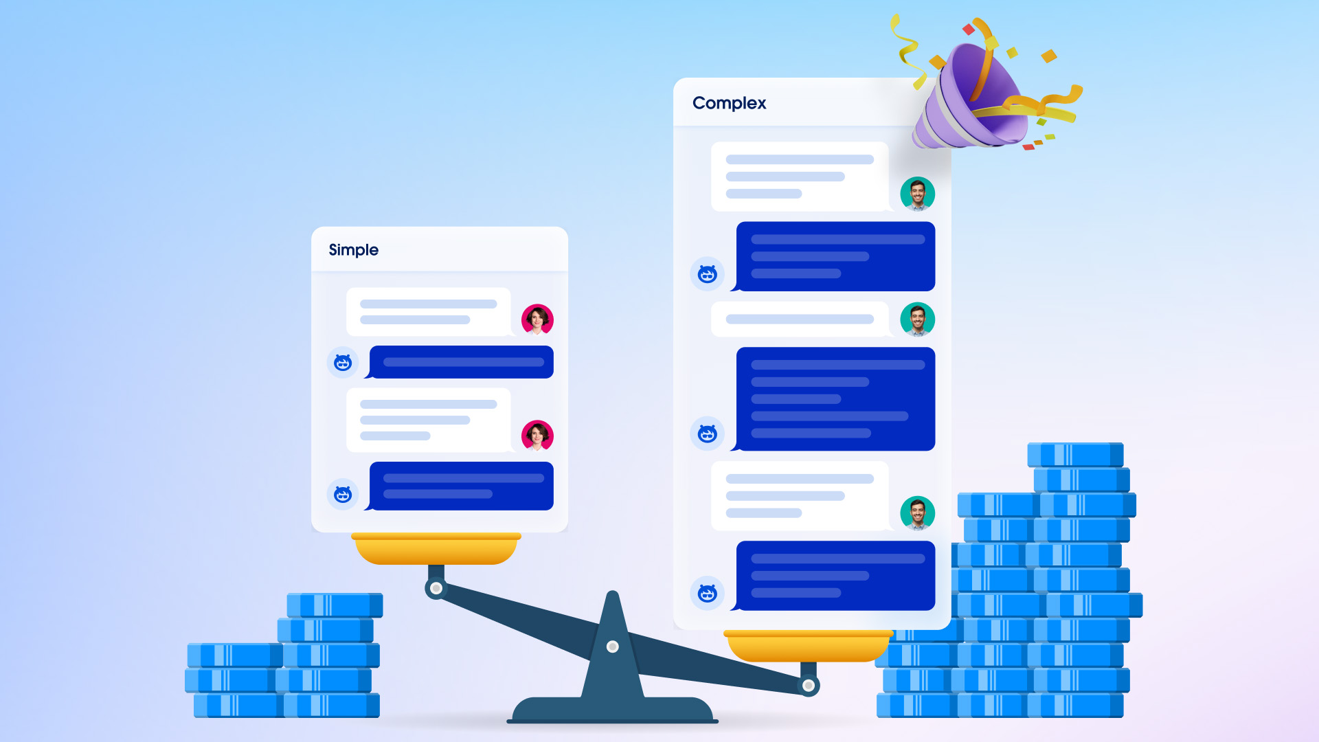 A scale shows simple versus complex chat interfaces; a simple interface is balanced by a smaller stack of blocks, while a complex one is balanced by a larger stack.