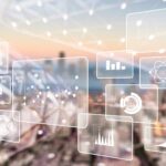Illustration showing business intelligence against a city backdrop.