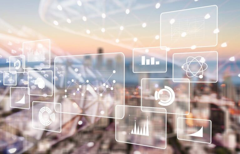 Illustration showing business intelligence against a city backdrop.