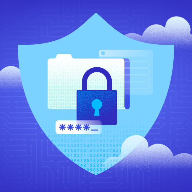 An illustration of a lock and folder in front of a shield.